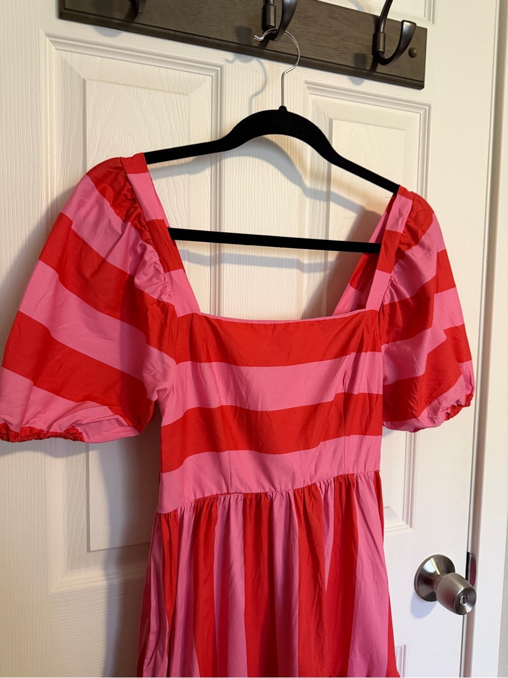 Crystal Doll Pink Red Stripe Puff Sleeve Midi Dress Cottagecore Size Small - Picture 4 of 10